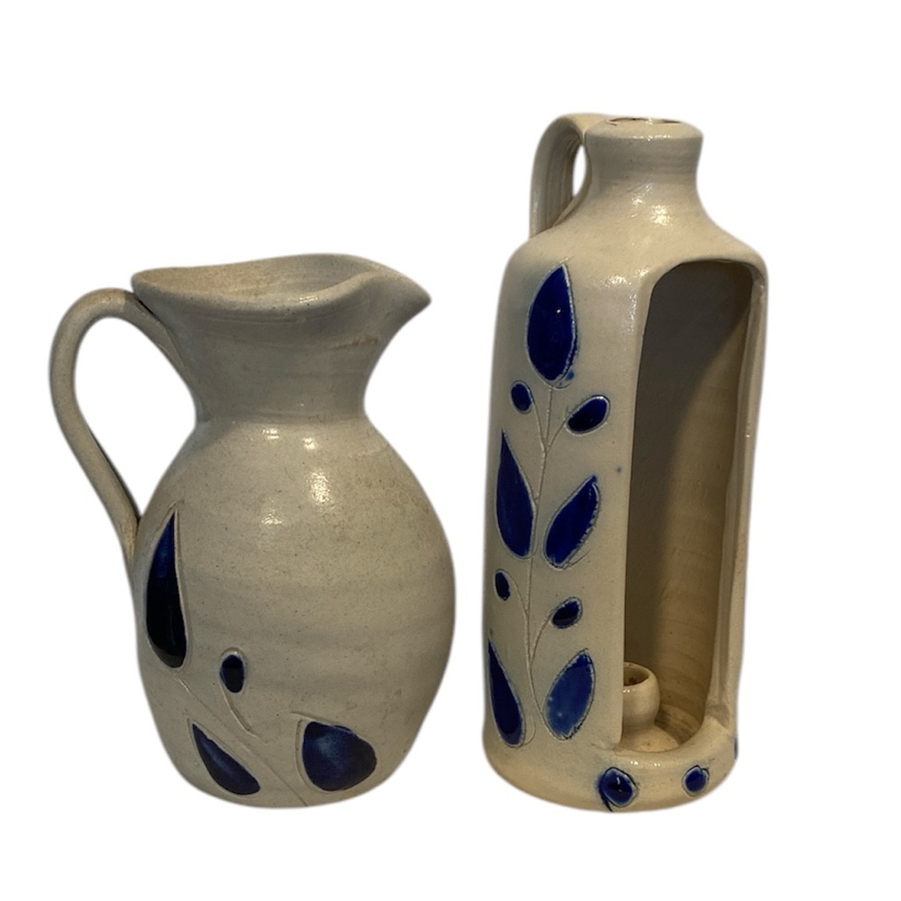 Williamsburg Pottery Cobalt Blue Leaf Pitcher and Candleholder.